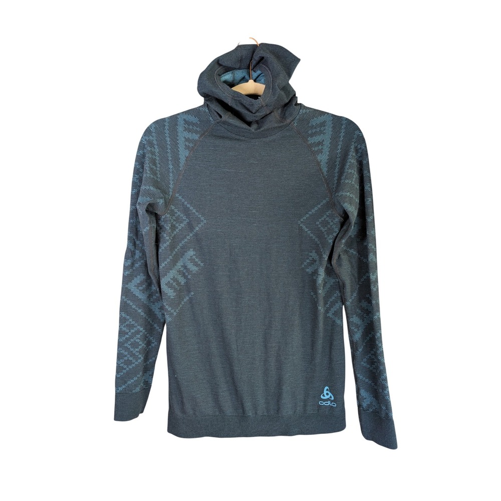 Odlo Base Layer Hoodie Womens S Blue Merino Wool Blend Geometric Ski Outdoors